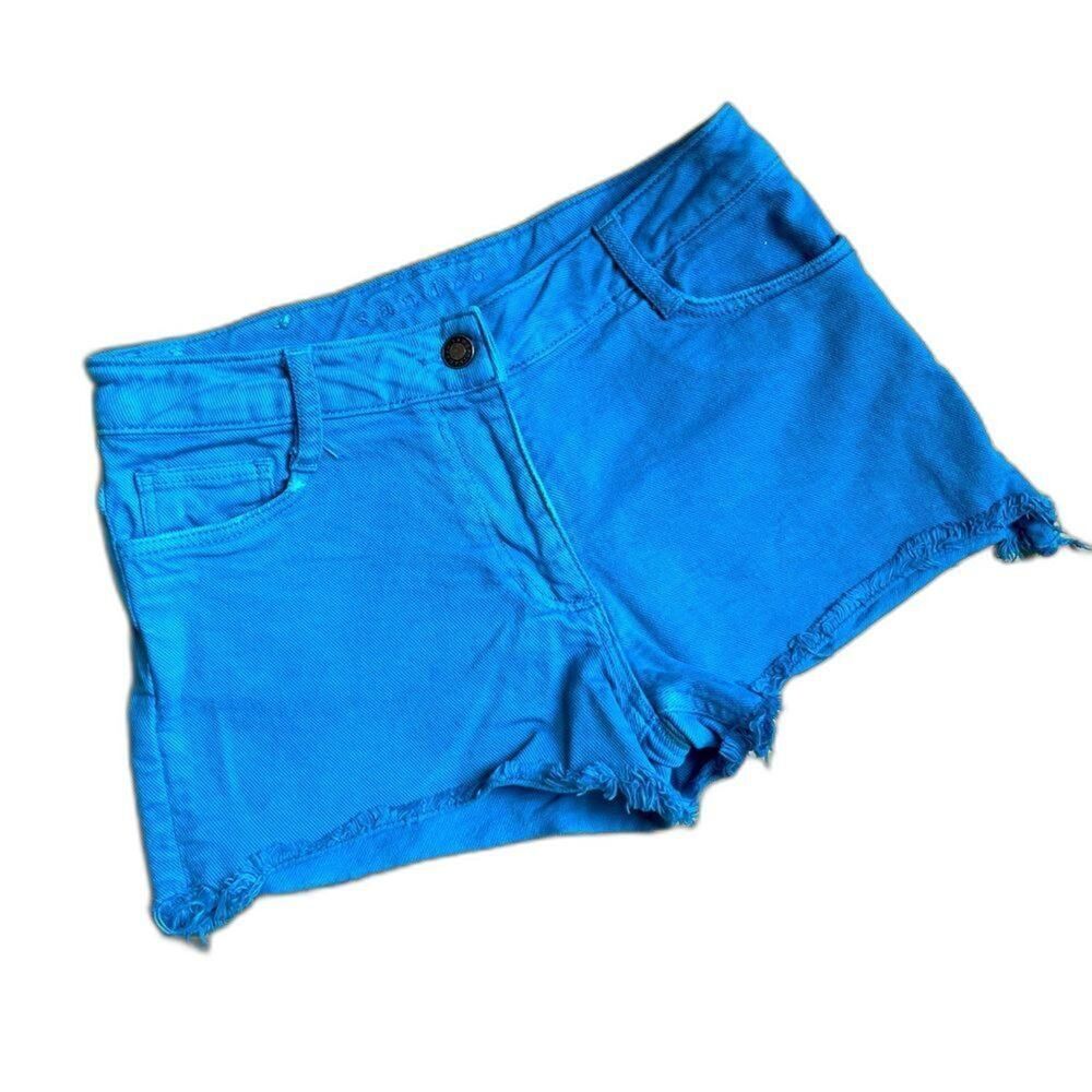 Sandro Paris Bold Blue Cropped Frayed Jean Denim Shorts Size 36